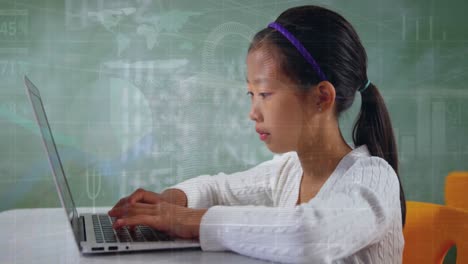 Animation-of-financial-data-processing-over-biracial-schoolgirl-using-laptop-in-class