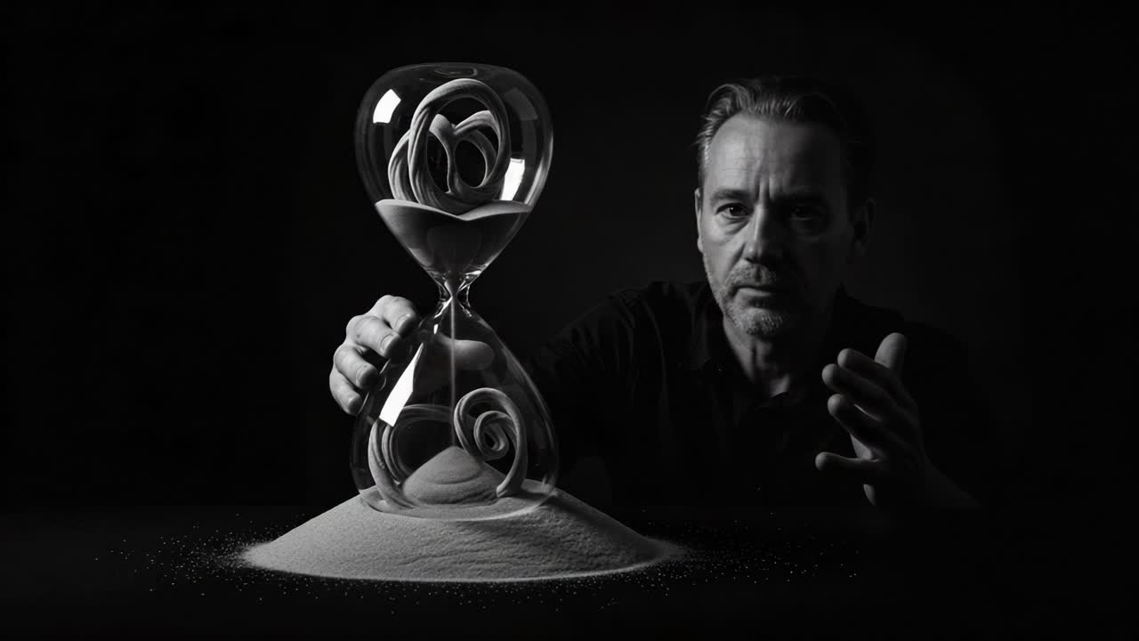 A Thoughtful Man Interacting with an Artistic Hourglass, Symbolizing the Passage of Time and Contemplation in a Striking Black and White Composition