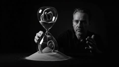 a thoughtful man interacting with an artistic hourglass, symbolizing the passage of time and contemplation in a striking black and white composition