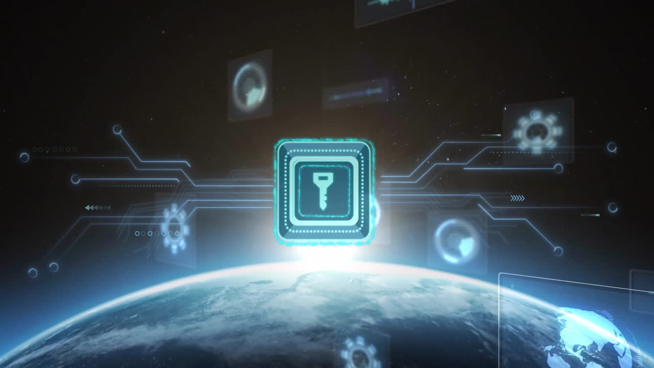 animación de llave de seguridad digital sobre la tierra con elementos de interfaz futuristas