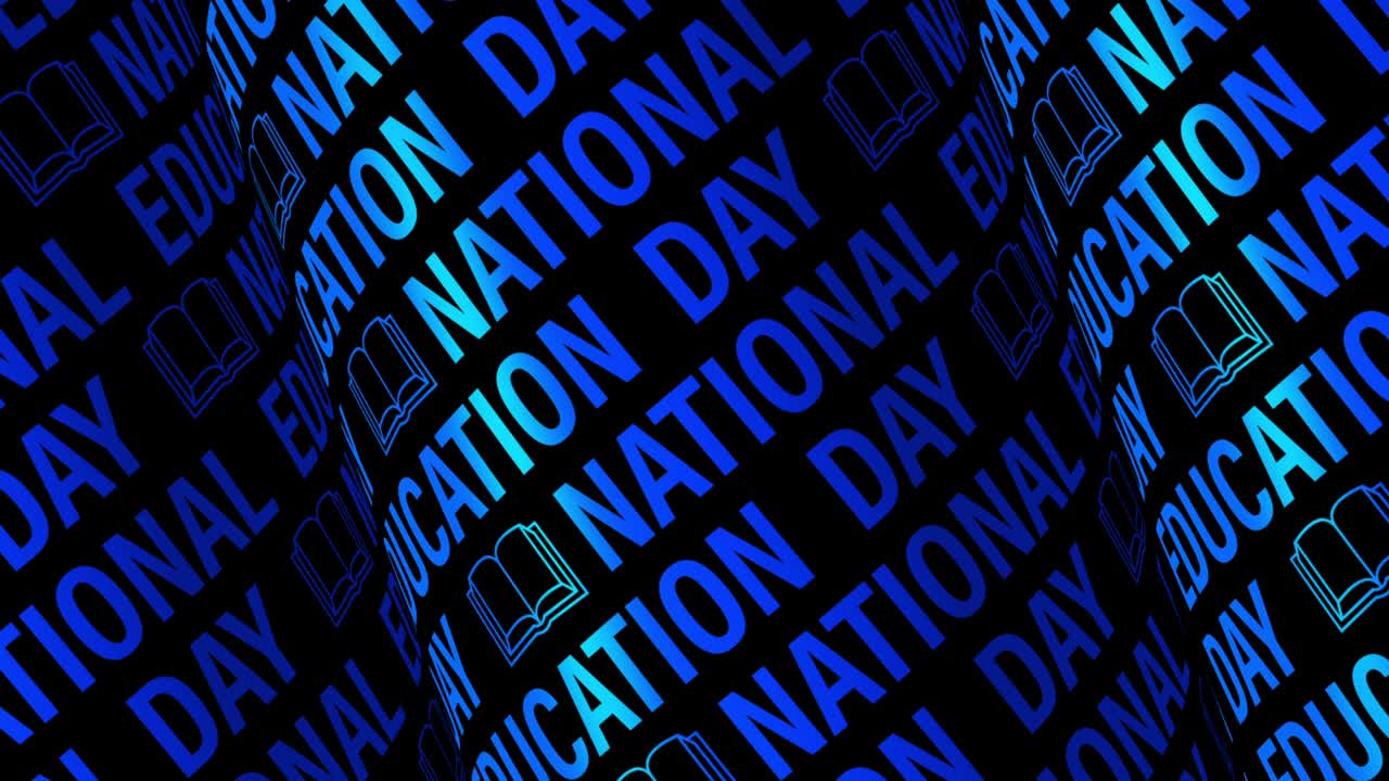 animación de bucle día nacional de la educación 3d rueda de texto azul gráficos de movimiento letras en fondo negro. 4k 3d bucle sin costuras día nacional de la educación tipográfico patrón de animación de texto de cilindro cinético.