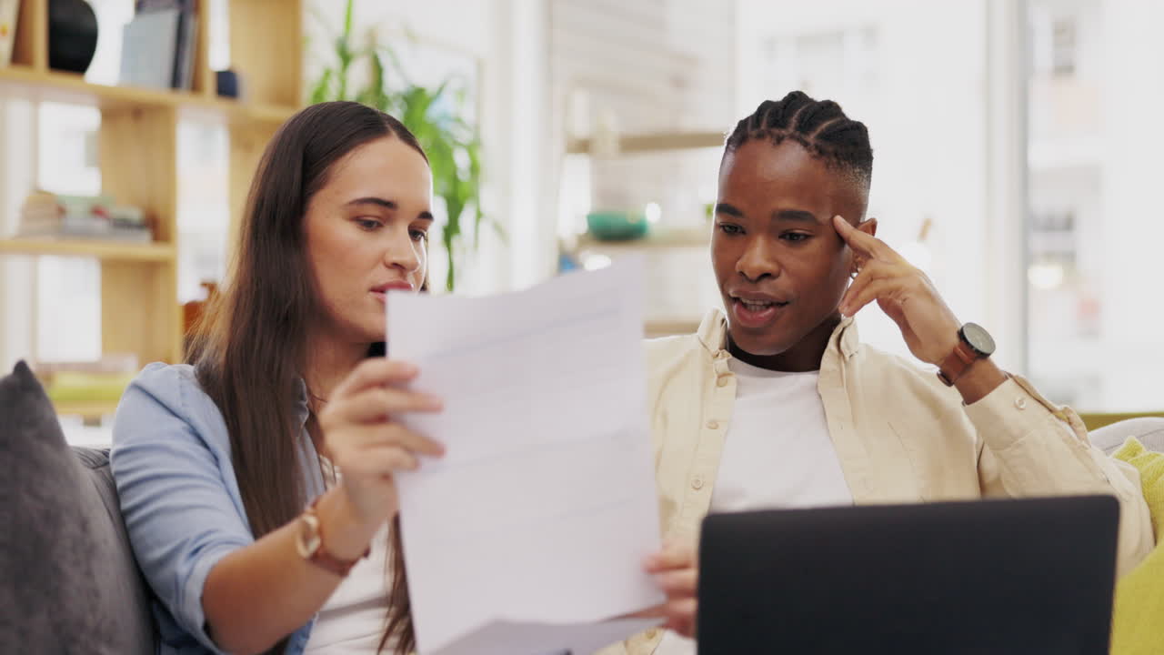 Stress, argument and couple with paperwork