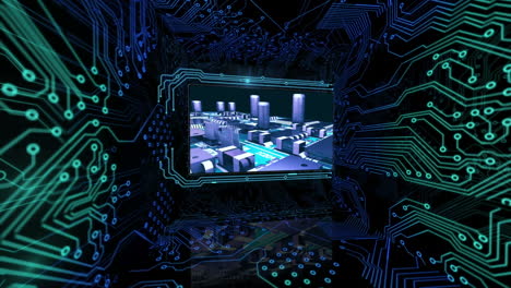 pantallas 3d que muestran escenas de computación con botón de encendido
