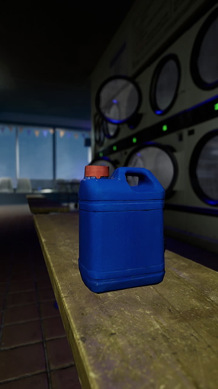Blue container on wooden bench in a dimly lit laundromat at night