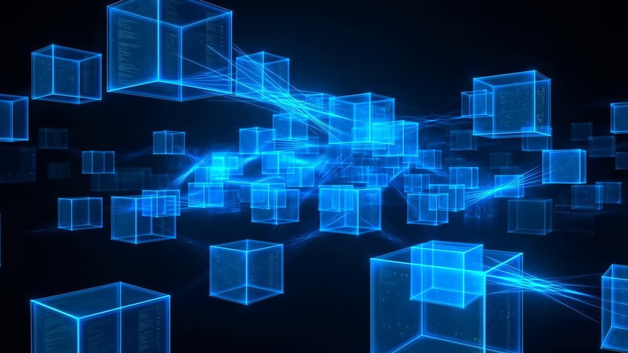 Abstract Digital Data Network with Blue Glowing Cubes