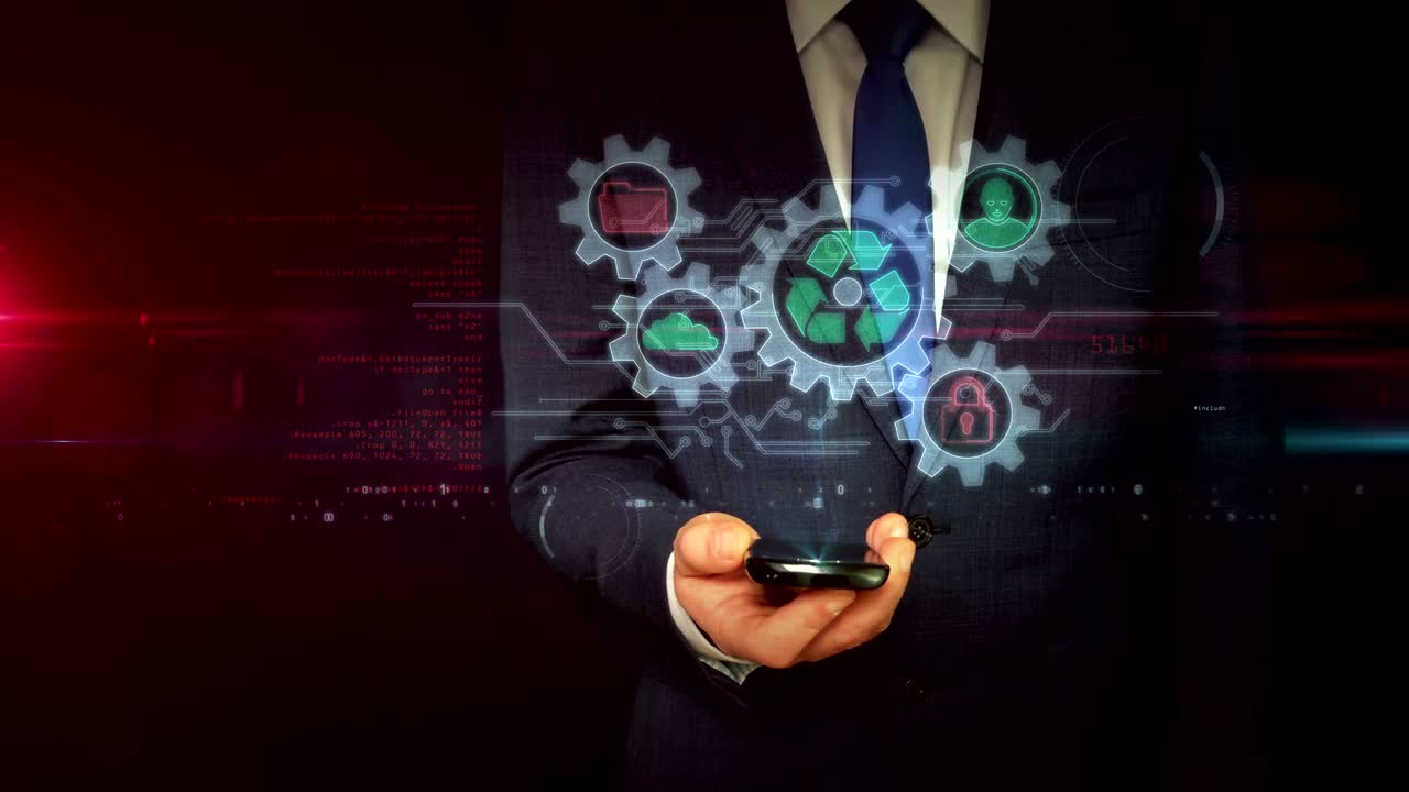 hombre de negocios con teléfono inteligente y concepto de holograma de gestión de datos