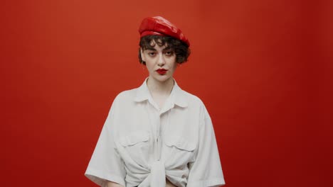 woman in red beret and white shirt