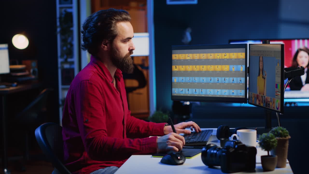 editor de fotos que mejora las imágenes con precisión utilizando tableta gráfica en un estudio moderno