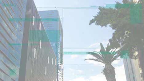 Animation-of-moving-lines-around-abstract-interface-against-low-angle-view-of-building