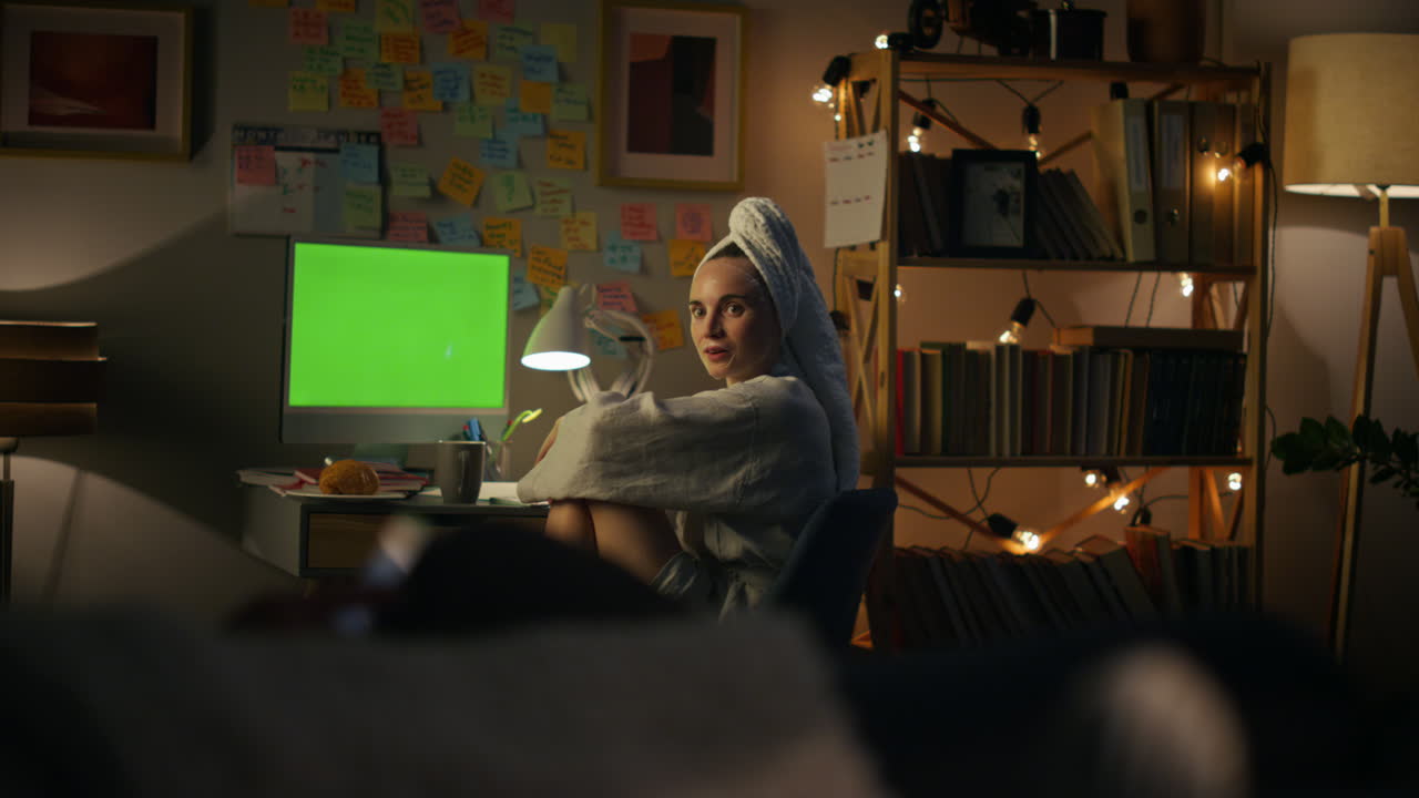Surprised woman talking husband at dark room. Wondering girl using chroma key pc