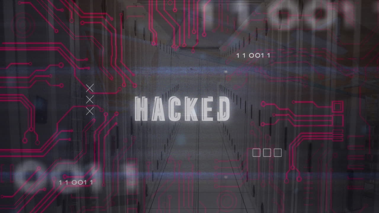 animación de texto hackeado con códigos binarios sobre nieve contra la sala del servidor en segundo plano