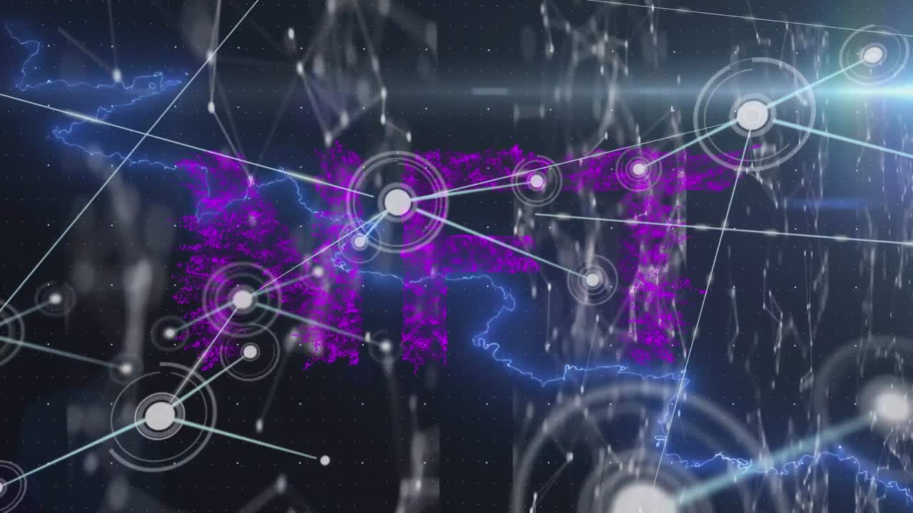 검은색 배경에 연결 네트워크와 빛 트레일과 함께 nft 텍스트의 애니메이션