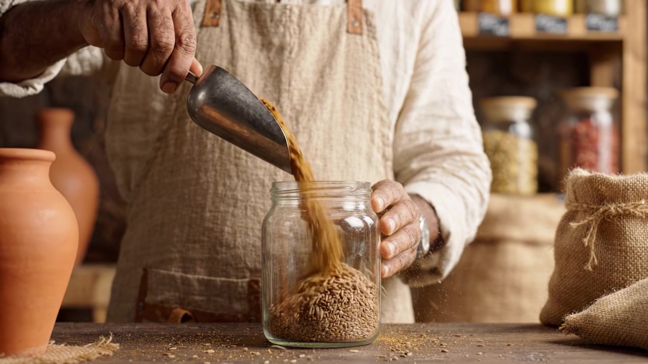 Un artigiano culinario misura e versa abilmente le spezie in un barattolo di vetro, catturando l'essenza della cucina tradizionale e degli ingredienti saporiti in azione.