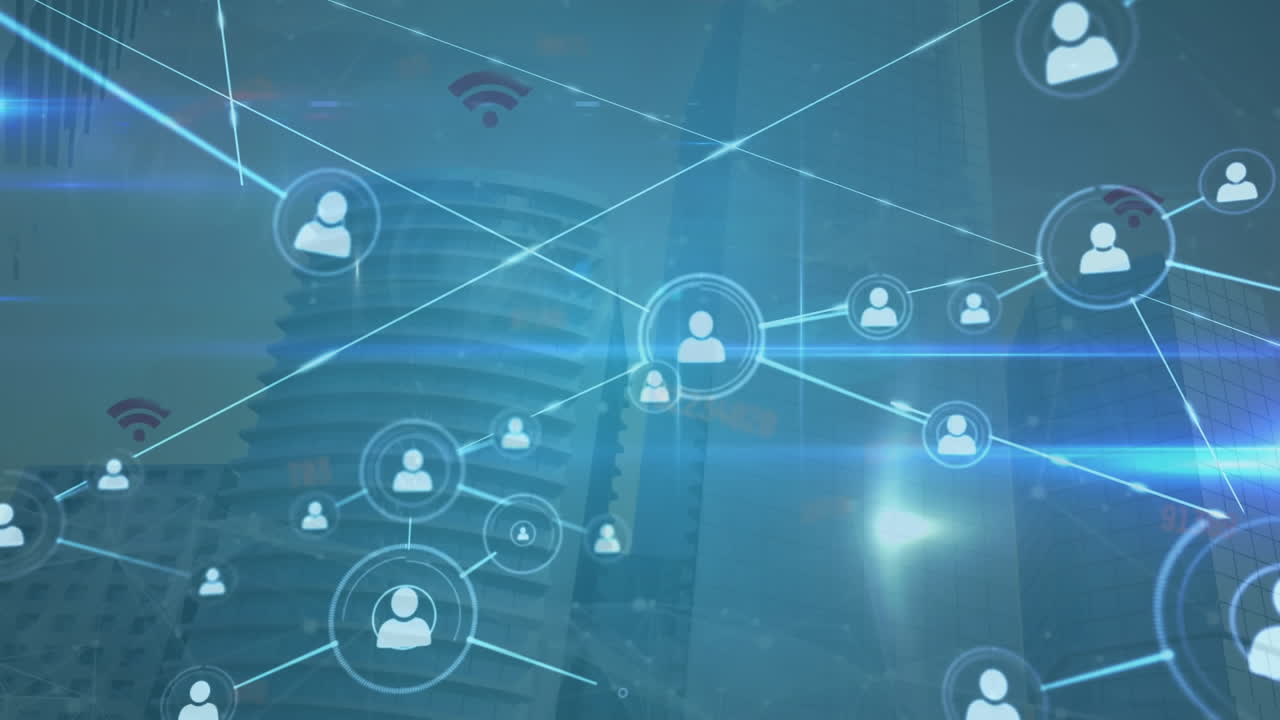 animación de edificios de oficinas y red de conexiones