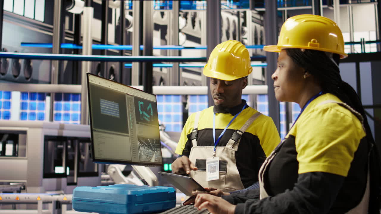 Vertical video Manager oversees work done by worker in smart factory, ensuring quality control