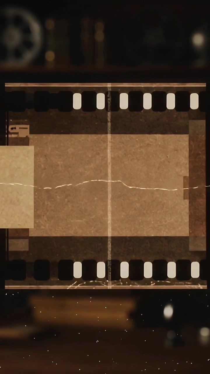 Video verticale: Fotogrammi che avanzano, pellicola che si muove verso destra, zoomando su uno scaffale che espone i fori di trascinamento.