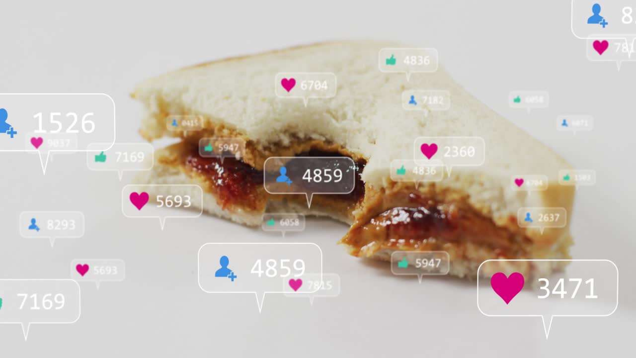 Single badge appearing near bitten sandwich, badges rising, clustering, fading, showing engagement