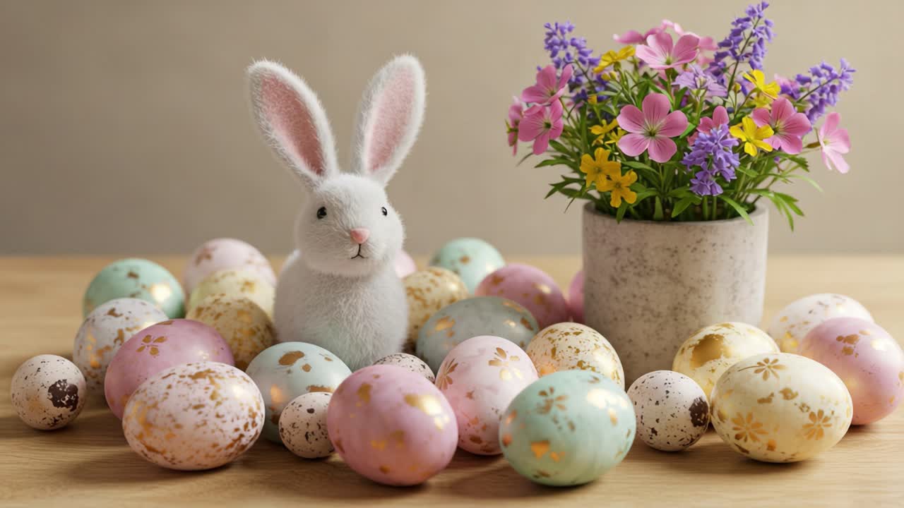 A Charming Display of Easter Decor Featuring a Plush Bunny, Colorful Eggs, and Vibrant Flowers in a Delightfully Arranged Centerpiece