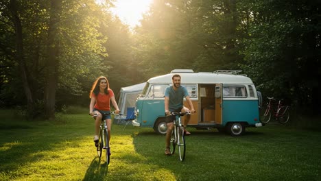 a young couple enjoying a scenic bicycle ride near their vintage camper in a serene natural setting surrounded by lush greenery at sunset