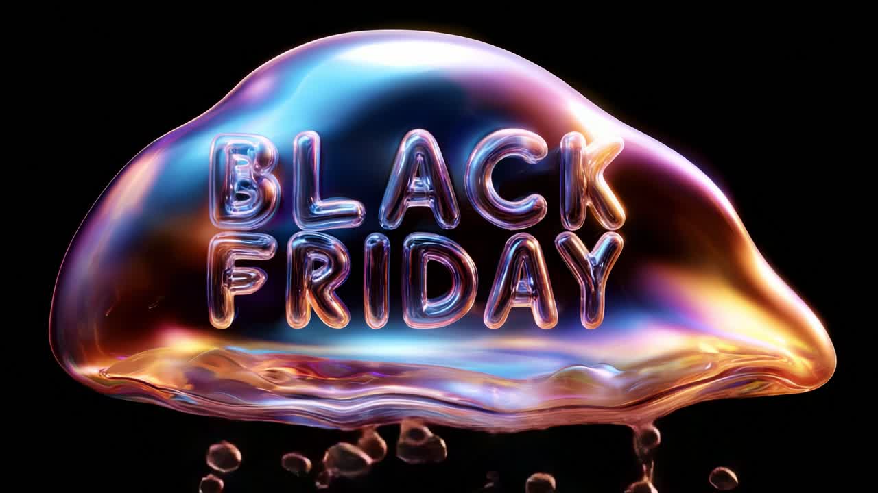 A captivating visual representation of transparent bubbles displaying bold lettering that spells out Black Friday, reflecting shimmering colors reminiscent of festive sales and seasonal shopping excitement