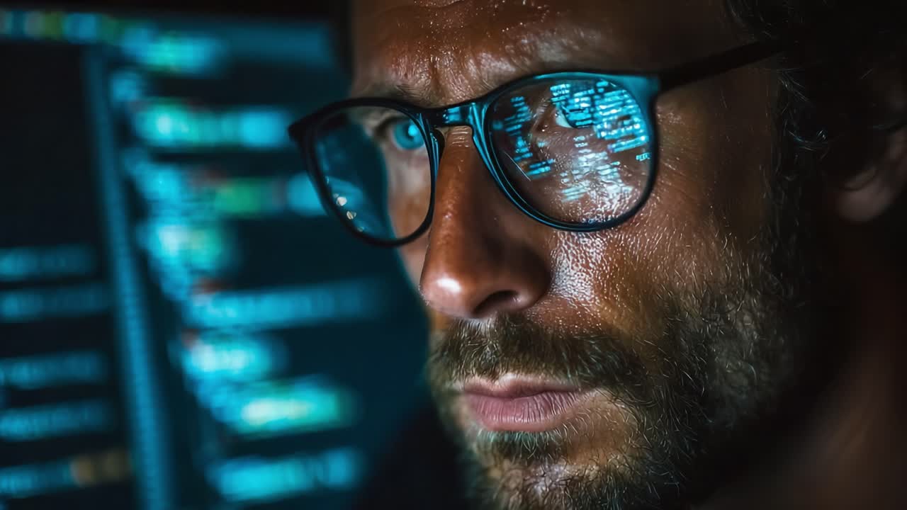 A Focused Programmer Analyzes Complex Code on a Computer Screen, Illuminated by the Glare of Digital Data Reflected in Stylish Glasses