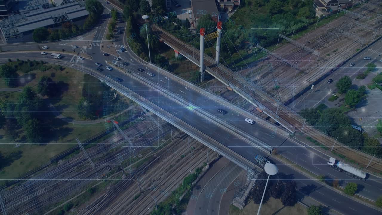 Drone camera starting oblique sweep, diagonal overpass carrying cars crossing tracks for monitoring