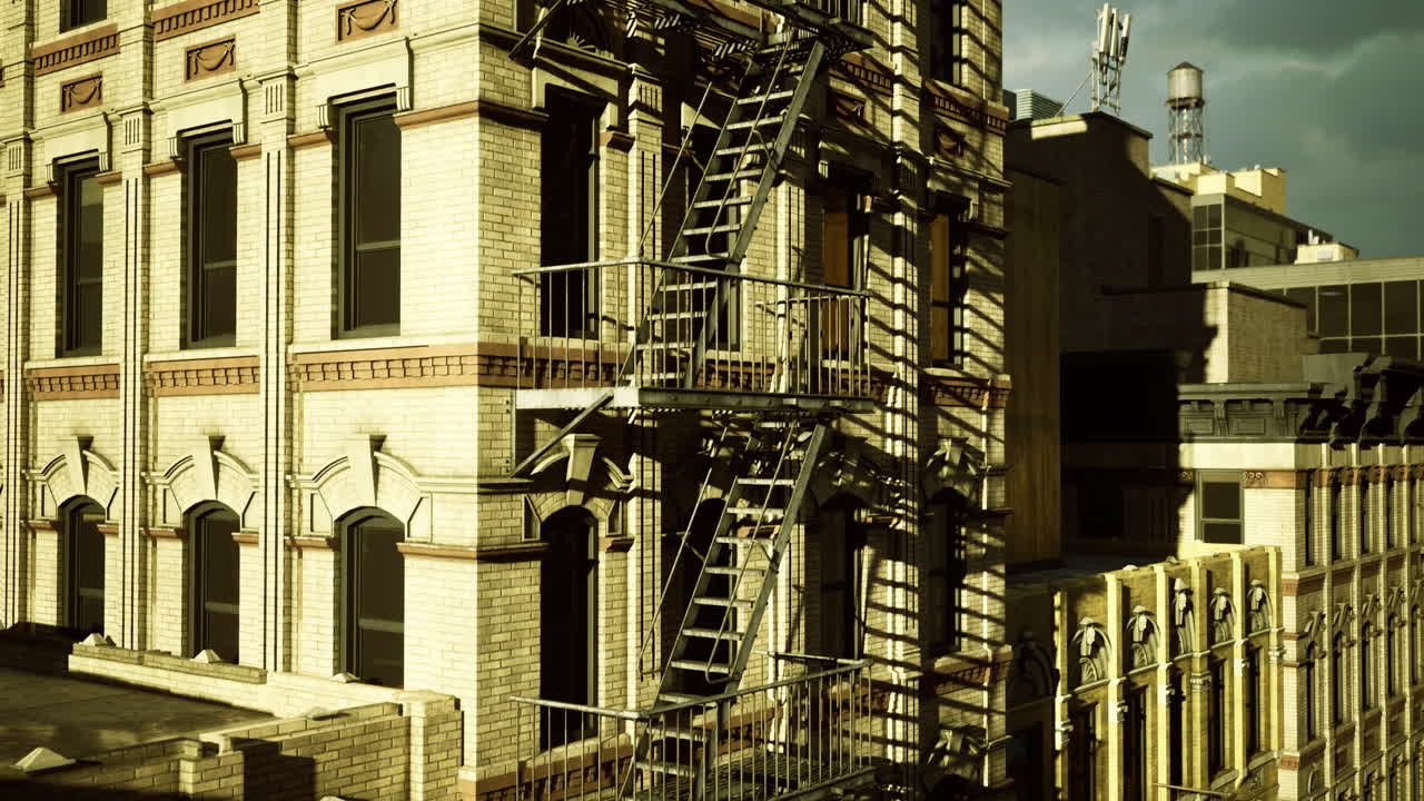 Historic building with fire escape in urban setting during late afternoon