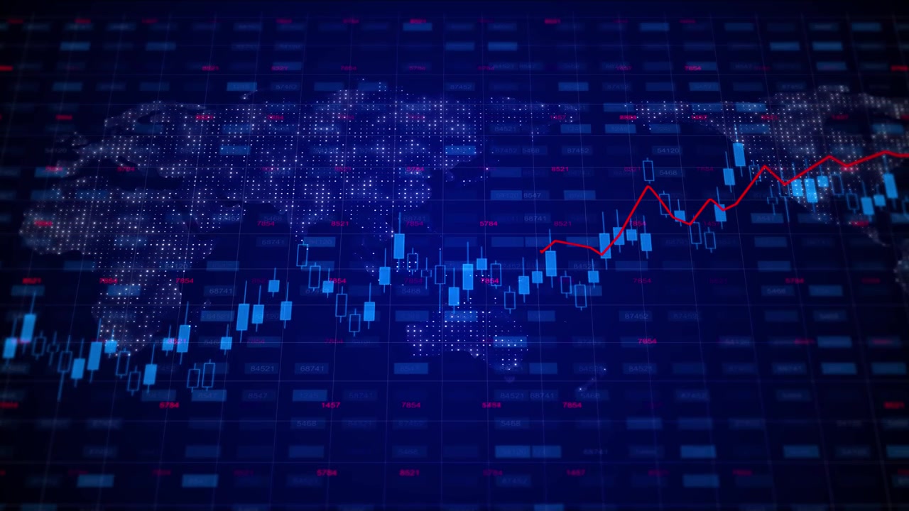 Sfondo mappa mercato azionario globale, grafici a candela, linea di tendenza rossa, griglia mondiale blu, finanziario