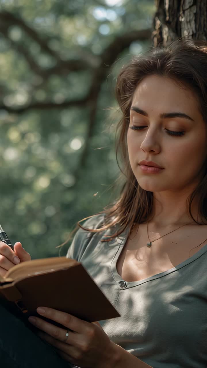 Vertical video: Holding journal and pen, woman writing and thinking, leaning against tree in park