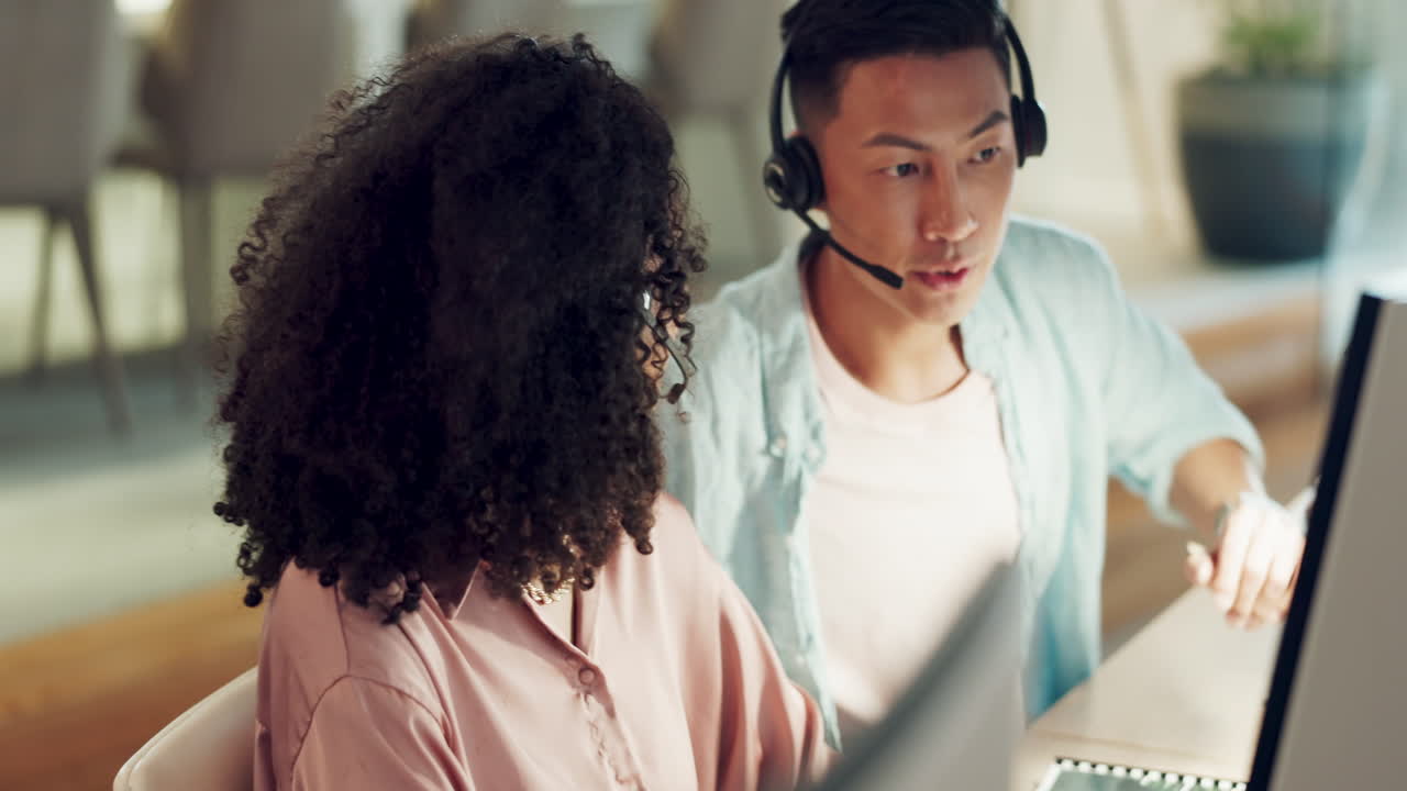 Call center, team and helping on computer