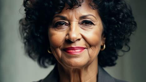 close up of a beautiful senior businesswoman smiling and posing confidently. perfect makeup enhances her features, showcasing her brown eyes and elegant style