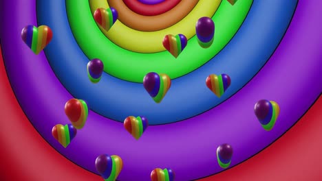 animación de corazones de arco iris sobre círculos de arco iris y colores que se mueven en un bucle sin costuras
