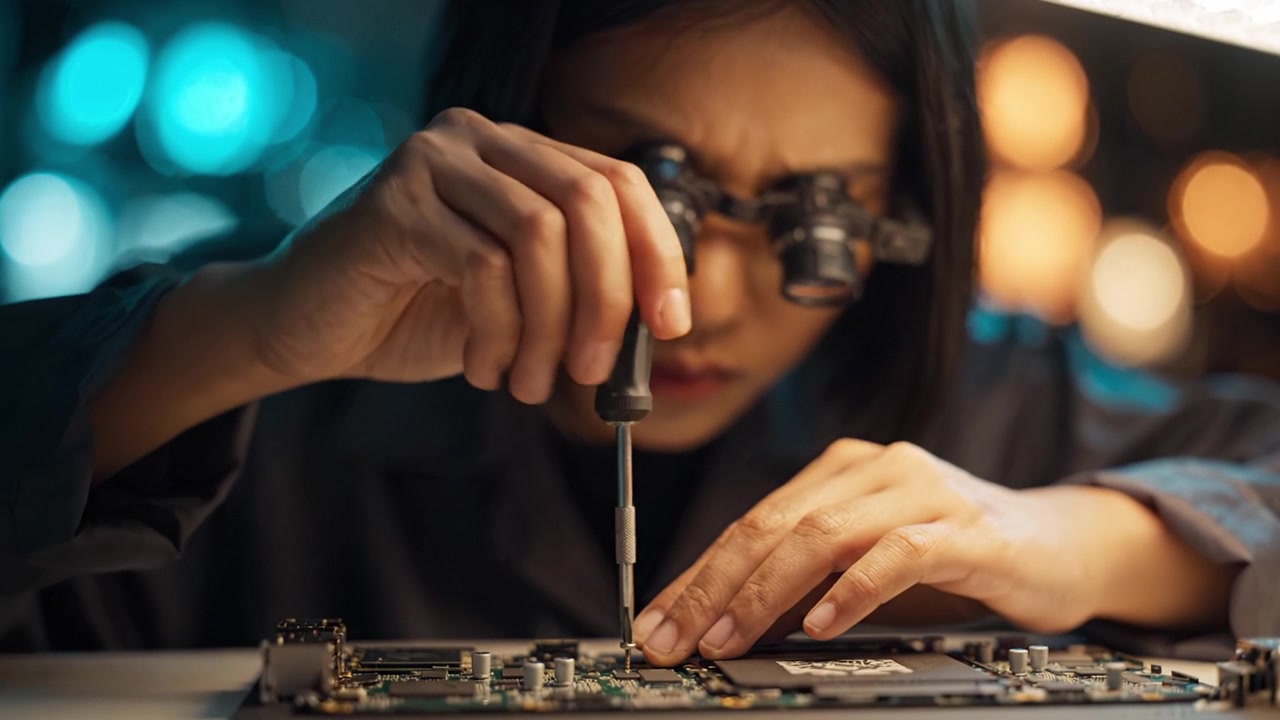 Focused Technician Repairing Circuit Board with Precision Tools Under Bright Lighting in High-Tech Environment for Electronics Troubleshooting and Maintenance.