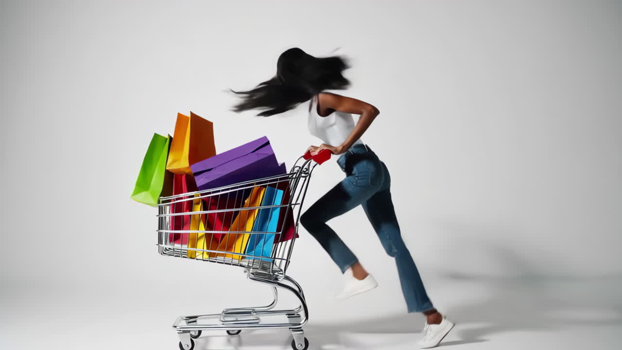 A joyful Black woman pushes a shopping cart full of colorful bags
