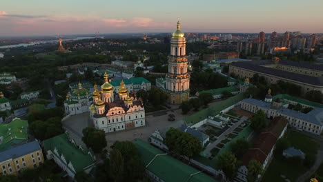 aerial view kiev pechersk lavra on evening sunset. mother motherland landscape