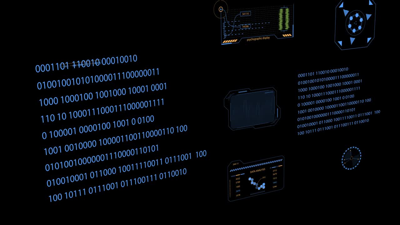 high tech ui de barras gráficos y gráficos animación con tema oscuro azul sobre fondo negro. 4k hd. gráfico digital hud.