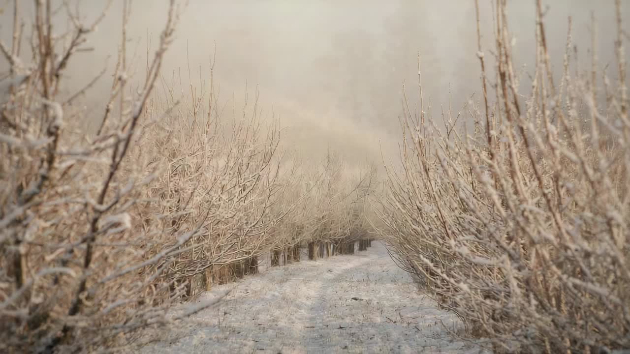 Pushing camera forward revealing snow-covered path in orchard, with rows of dormant deciduous trees