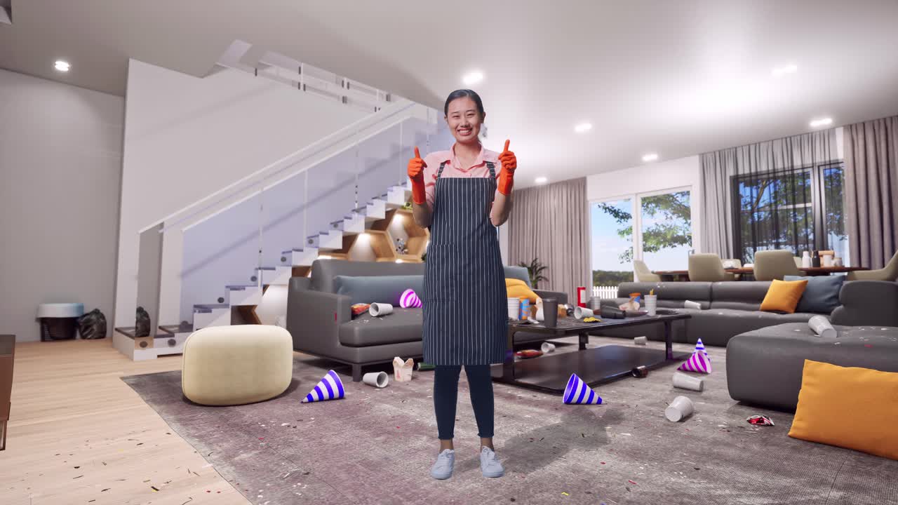 Full Body Of Asian Female Housekeeper With An Apron Smiling And Showing Thumbs Up Gesture While Standing In House