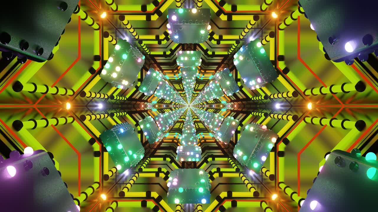 Vibrant patterns and bright lights form a hypnotic display, creating an immersive visual effect that seamlessly loops, perfect for enhancing any environment with dynamic motion