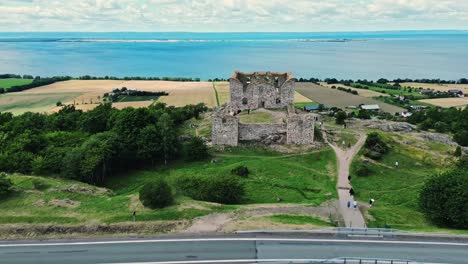 aerial of the brahehus castle, a stone castle built in the 1600s, småland, sweden