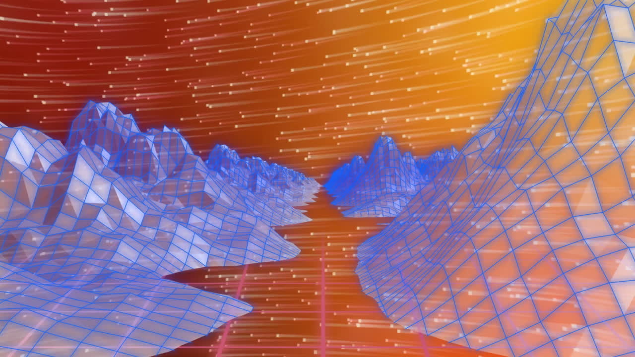 Animation of digital mountains on orange background with white spots