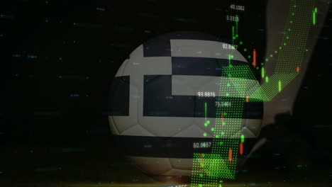 Soccer ball with Greek flag over financial data and stock market animation