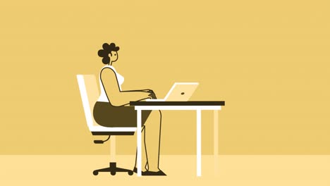 mujer de estilo amarillo personaje plano con computadora portátil tiene problemas y enojado en el lugar de trabajo. animación de bucle aislado con canal alfa