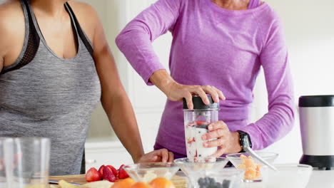 Two-happy-diverse-senior-women-preparing-cocktail-and-discussing-in-kitchen,-slow-motion