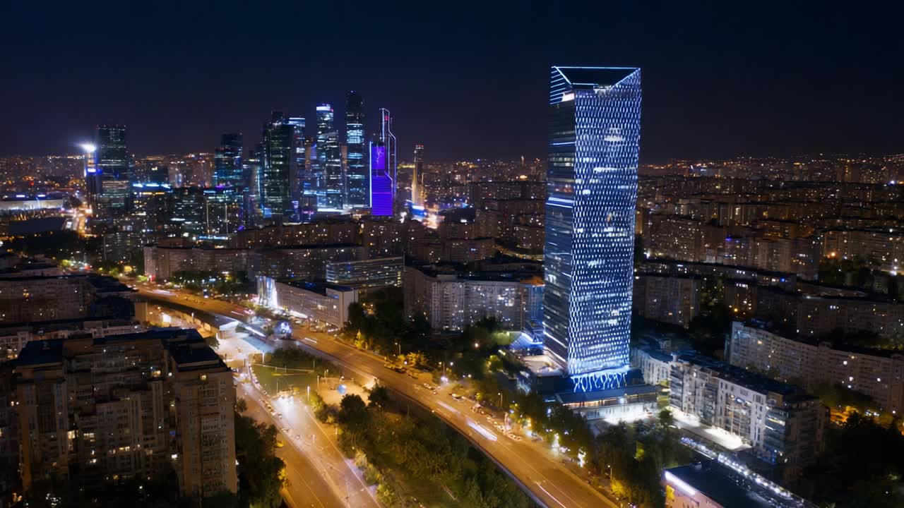 Stunning Nighttime Cityscape Showcasing Modern Architecture and Vibrant Urban Life as Skyscrapers Illuminate the Skyline with Captivating LED Displays and the Flow of Traffic Below in a Bustling Metropolis