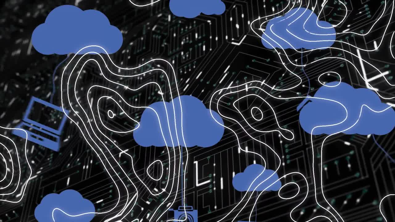 Animation of isohypses and clouds and moving shapes on black background
