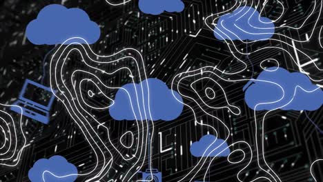 Animation-of-isohypses-and-clouds-and-moving-shapes-on-black-background