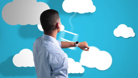 hombre asiático usando un cronómetro con nubes de fondo