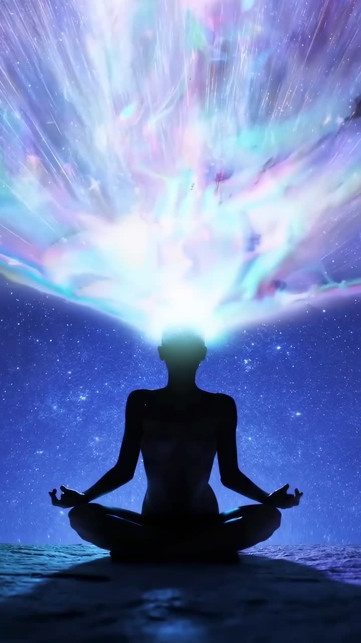 Silhouette in meditazione con energia vibrante che emana dalla testa, ripresa da dietro.