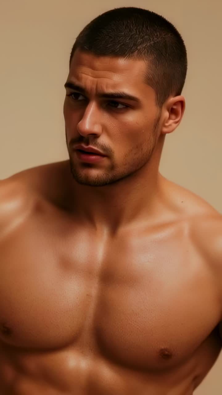 Vertical video: Camera rolling shirtless model posing turning torso left in studio, beige backdrop